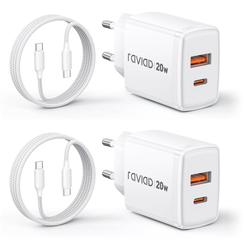 RAVIAD 20 W USB C Charger 2 Pack, 2 Port Fast Charger with 60 W Cable 2 m | Multiple Power Supply USB C+USB A with Fast Charging Cable USB C to USB C for iPhone 17 16 15 Pro Max, iPad Pro, Macbook 2 packs
