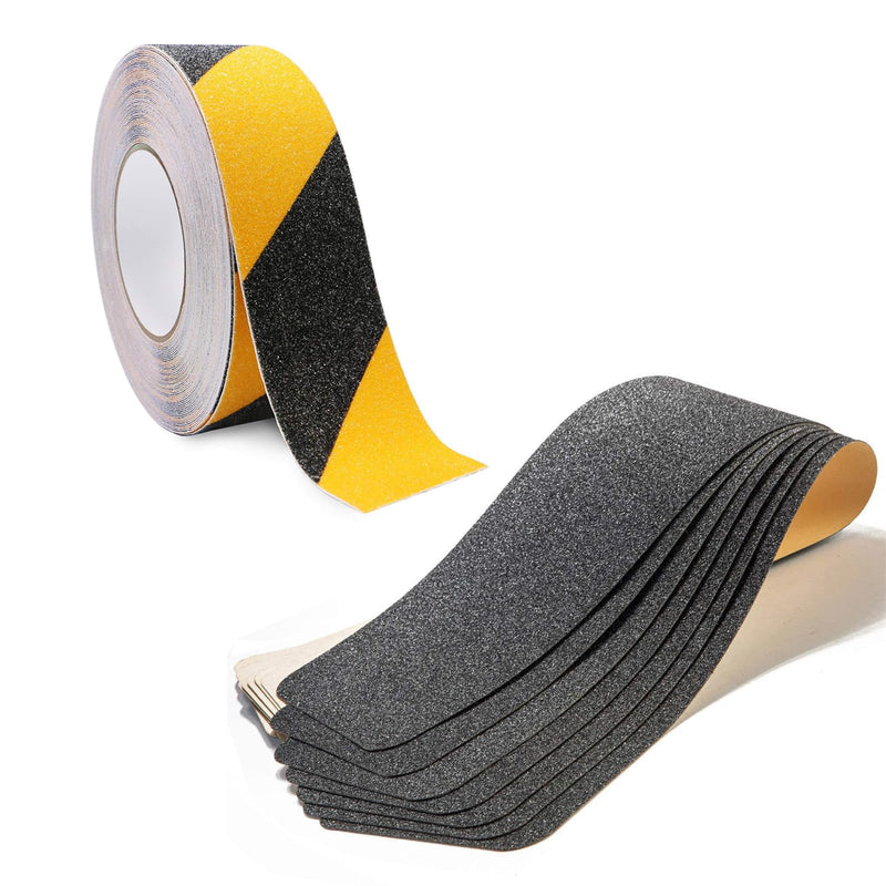Anti Slip Safety Grip Tape 2 Inch x 60 Foot Yellow and Black and 12 Pack Stair Treads 6”x30” Black for Steps, Staircase