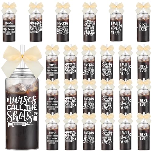 Skylety 24 Pack 13.5 oz Plastic Nurse Cup Bulk with Straw and Lid Registered Nurse Appreciation Week Gifts Bulk Clear Plastic Reusable Cups for Women Appreciation Graduate Birthday Gifts