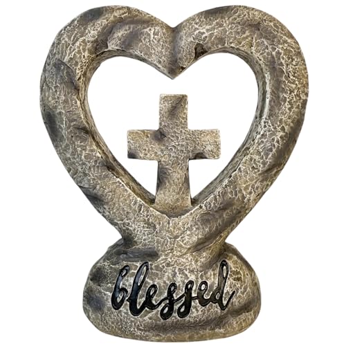 Top Brass Blessed Heart and Cross Standing Figurine – 5.5” Rustic Inspirational Statue with Engraved ‘Blessed’ Script, Christian Tabletop Décor, Faith-Based Home Accent, Spiritual Item for Loved Ones