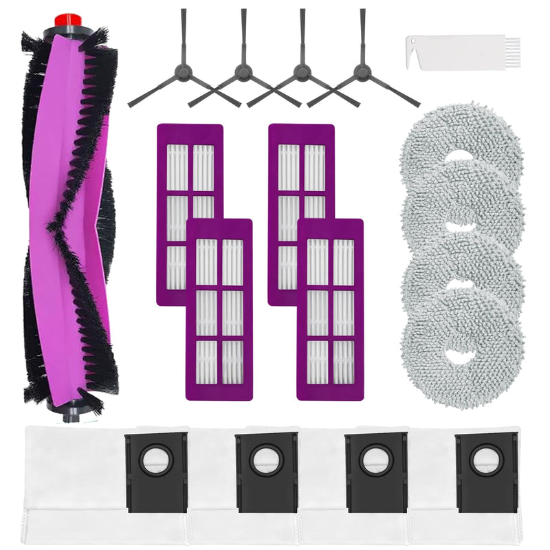 18Pcs Replacement Parts for Eureka J15 Pro Ultra Robot Vacuum Cleaner, 1 Main Roller Brush 4 Side Brushes 4 Hepa Filters 4 Mop Pads 4 Vacuum Bags,1 Cleaning Brush Accessories Kit