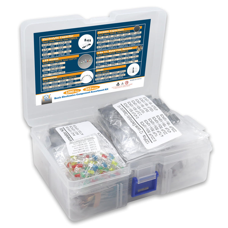 DIYoung 1390 Pieces Electronic Components Kit, with LED Diodes, Metal Film Resistors, Electrolytic Capacitors Package, Ceramic Capacitors, Transistors, Diodes