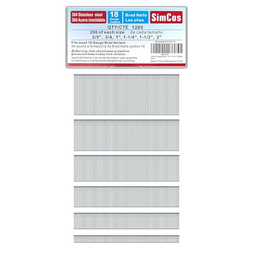 SimCos 18-gauge 304 stainless steel brad nails, 2/5-inch to 2-inch assorted lengths, 1200-pack