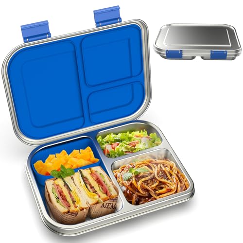 BOSEDSANG Stainless Steel Kids Leak-Resistant Bento Lunch Box, 3-Compartments with Silicone Container, Dishwasher-Safe, Child-Friendly Design for School, Picnics & Travel,BPA-Free (Blue) Blue