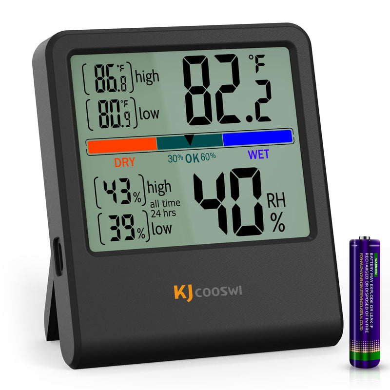 Digital Thermometer Hygrometer, Indoor Wall Thermometer Humidity Indoor with High Accuracy, Suitable for Greenhouse, Home and Office, AAA Battery (Black) Black