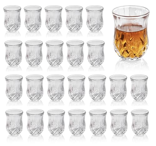 Quaffer Shot Glass (Set of 24) – Elegant Diamond Patterned Shot Glasses 1.75 oz – Classic Whisky Vodka Tequila Sherry Brandy Cordial Mini Snifters Glasses - Perfect for Parties, Bars, Events, Home Bar Set of 24