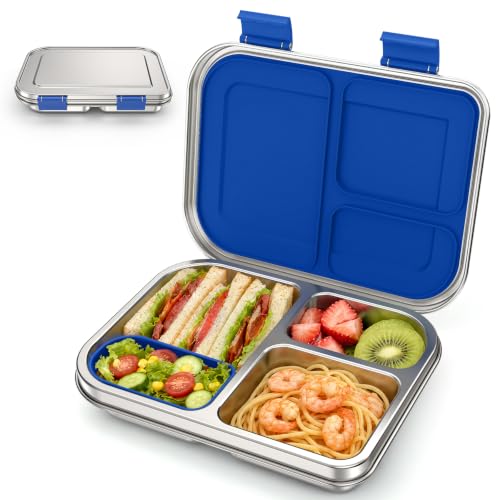 BABHAMNESS Stainless Steel Bento Box Kids, 3 Compartments Leak Proof Metal Bento Lunch Box, 304 Stainless Steel Bento Lunch Containers for School and Office,Dishwasher Safe, BPA-Free-Blue Blue