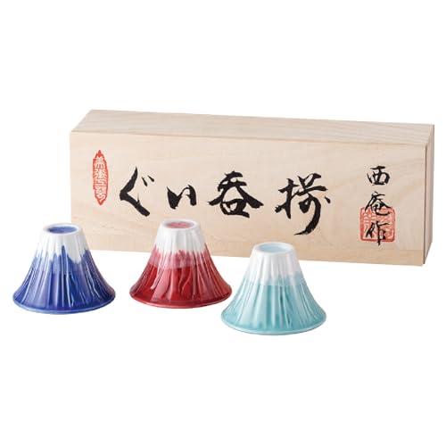 Japanese Sake Cup Mount Fuji Design Wine Soju Porcelain Ochoko Gifts (Blue Red Snow, 3 Ochoko) Blue Red Snow