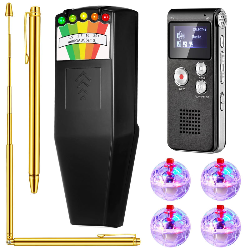 [Australia - AusPower] - Dunzy 8 Pcs Ghost Hunting Equipment Kit Includes 1 Pcs Emf Meter Digital 1 Pcs Voice Recorder 2 Pcs Copper Dowsing Rod and 4 LED Motion Activated Cat Ball Paranormal Equipment Tester for Home Office 