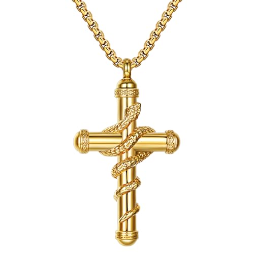 OIDEA Snake Cross Urn Necklaces for Ashes: Men Women Openable Stash Necklace with Spoon Ashes Necklace Memorial Keepsake Cremation Jewelry for Human Ashes 1. gold