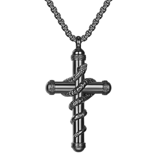 OIDEA Snake Cross Urn Necklaces for Ashes: Men Women Openable Stash Necklace with Spoon Ashes Necklace Memorial Keepsake Cremation Jewelry for Human Ashes 1. black