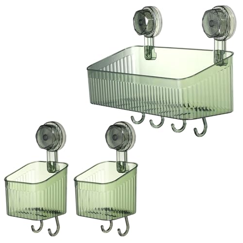 uxcell 1Set Suction Cup Shower Caddy with Hooks, 3Pcs Suction Cup Shower Organizer Shelf Wall Mount Dispenser Rack Storage Shelf for Bathroom Kitchen, Green