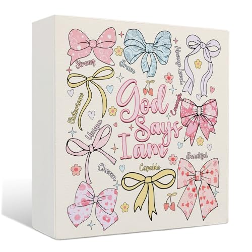 Coquette Bow Wooden Sign - Coquette Room Decor, Pink God Says I Am Wooden Box Signs, Preppy Bow Bible Verse Decor, Inspirational Christian Gifts for Women, 5 X 5 Inches (8) God say i am