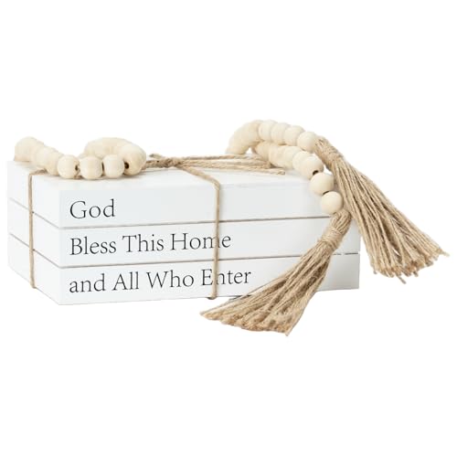 Decorative Books for Home Decor, White Faux Books for Decoration, Rustic Farmhouse Stacked Display Books (God Bless This Home and All Who Enter) God Bless This Home and All