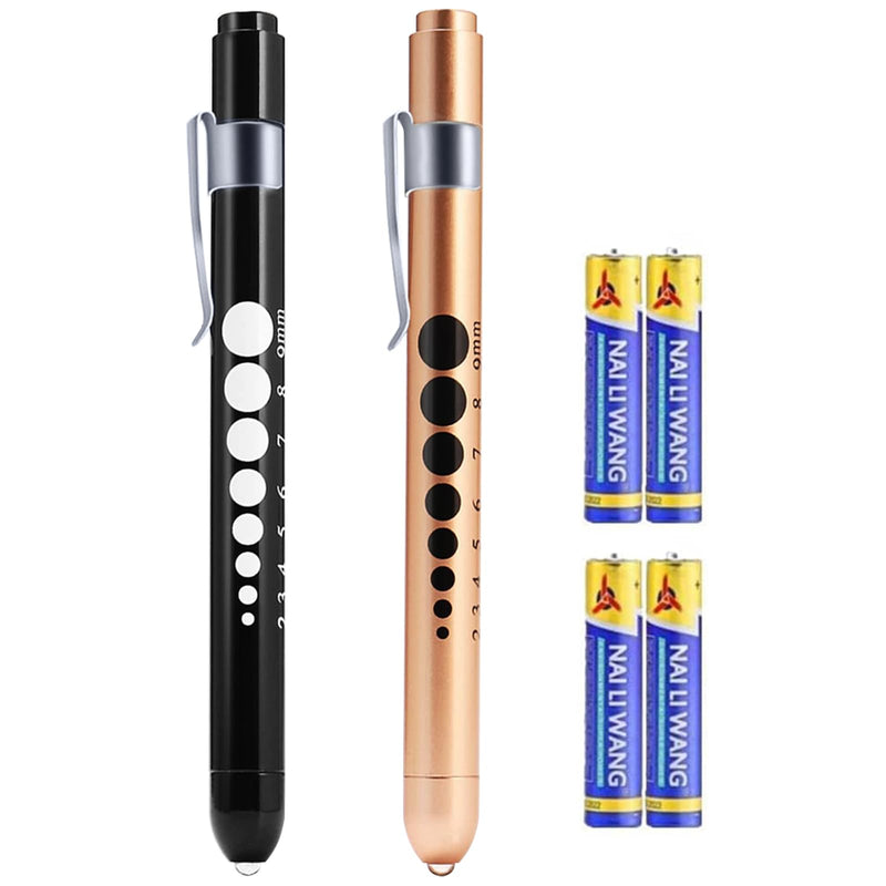[Australia - AusPower] - Pen Lights for Nurses Doctors, 2 Pack Reusable Medical PenLight with Pupil Gauge and Ruler, with 4 AAA Batteries for Nursing Students Essentials Black and Rose Gold 