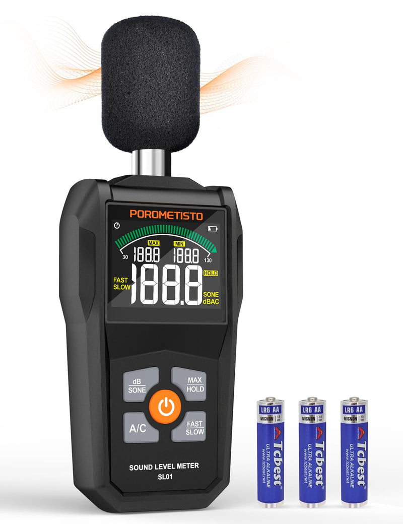 [Australia - AusPower] - Decibel Meter, POROMETISTO SL01 Digital Sound Level Meter, 30-130dB SPL Meter with A/C Weighting, Data Hold, MAX/MIN – Noise Detector for Home, Factory, Noisy Neighbors (Black) 