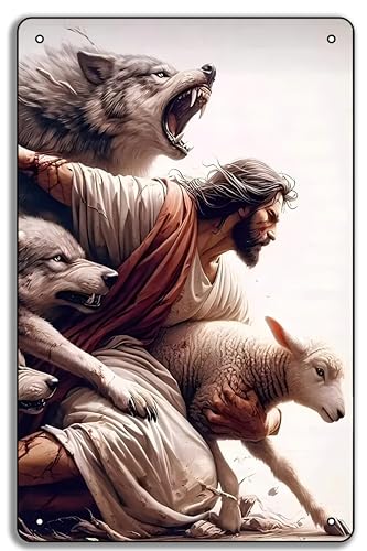 Jesus Protecting the Lamb 8x12in Metal Tin Sign – Christian Art Print, Saving the Lamb from Wolves COLOR8