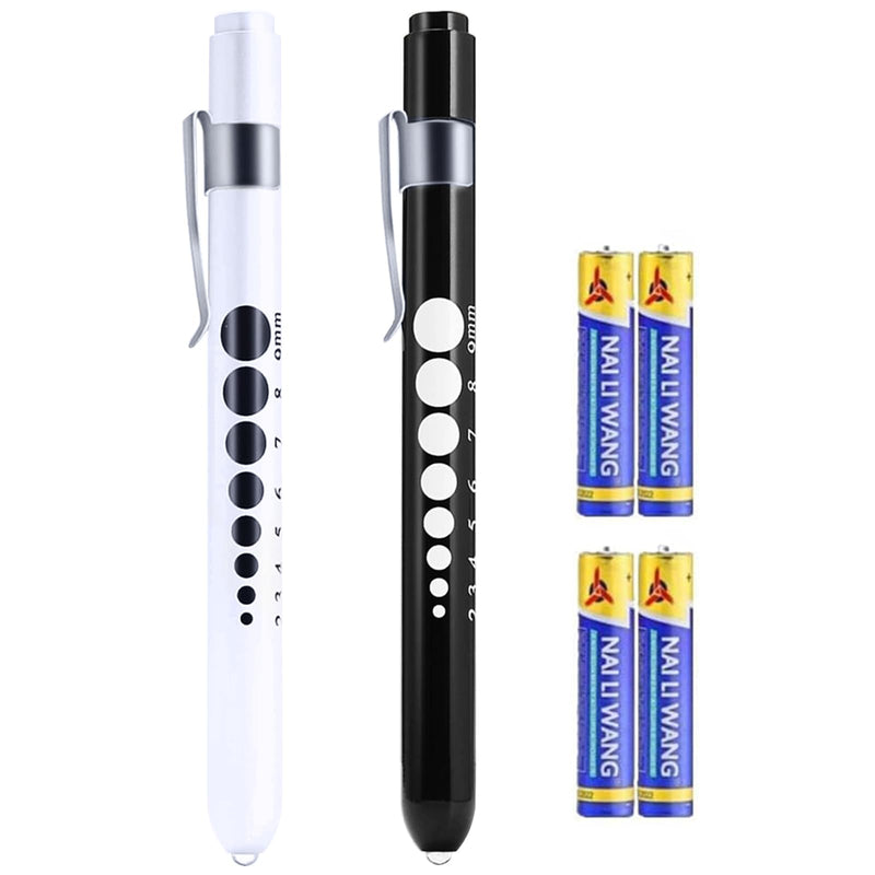 [Australia - AusPower] - Pen Lights for Nurses Doctors, 2 Pack Reusable Medical PenLight with Pupil Gauge and Ruler, with 4 AAA Batteries for Nursing Students Essentials Black and White 