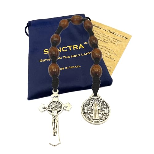 Pocket Rosary, Prayer Beads with Saints Medal and Cross/Crucifix St Benedict, 9 Beads, Dark Brown Wood, Chaplet Chain