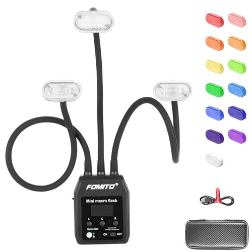 Fomito Mini Macro Flash, Single Contact Hotshoe, Three-Head with 13pcs Diffuser and Type-C Cable, 8 Levels of Adjustable Brightness, 9-Stop LED Light Effect, Built-in 3.7V/2000mAh Battery - 17.52inch KM202-L1