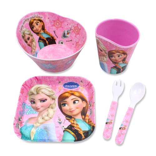 Princess 5-piece pink flatware set by SGPINC with dinner plates, bowls, cups, matching spoon and fork for mealtime.