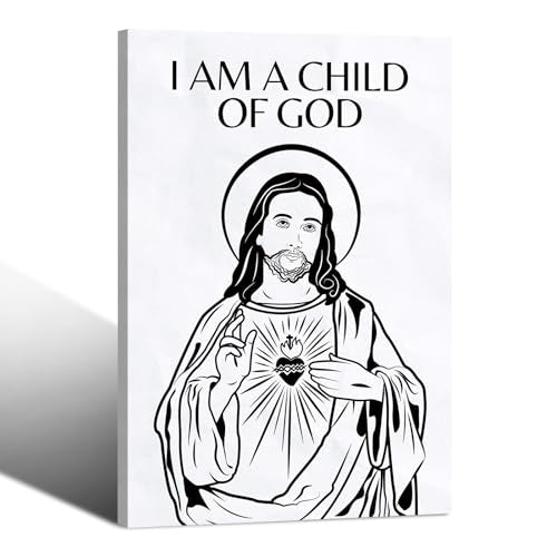 CCCHCY "I Am A Child of God Christian Canvas Art, Black and White Jesus Picture Wall Decor, Sacred Heart Jesus Artwork, Minimalist Christian Home Décor, Inspirational Scripture Prints, 16" x 24" Wrapped Canvas 24"L x 16"W
