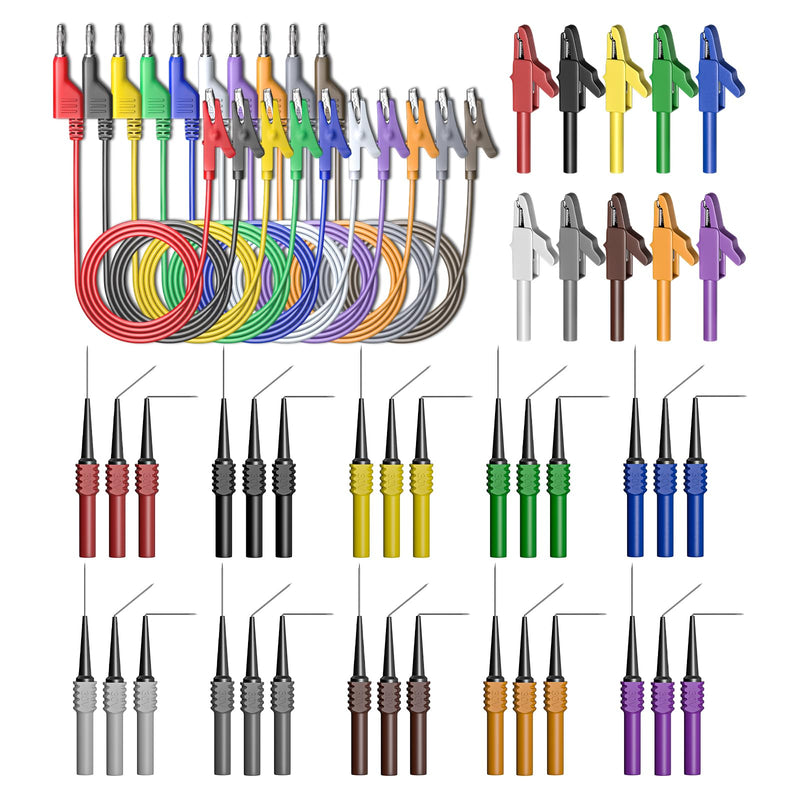 Goupchn Back Probe Kit 50PCS 4mm Stackable Banana Plug to Alligator Clip Automotive Test Leads Kit with Crocodile Clips, 30PCS 30V Back Probe Pins for Car Repairing Diagnostic Ten Colors