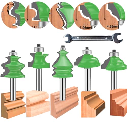 LEATBUY-TECH 5-piece router bit set with 1/4-inch shanks for round-over, raised-panel, ogee, rail and stile cuts