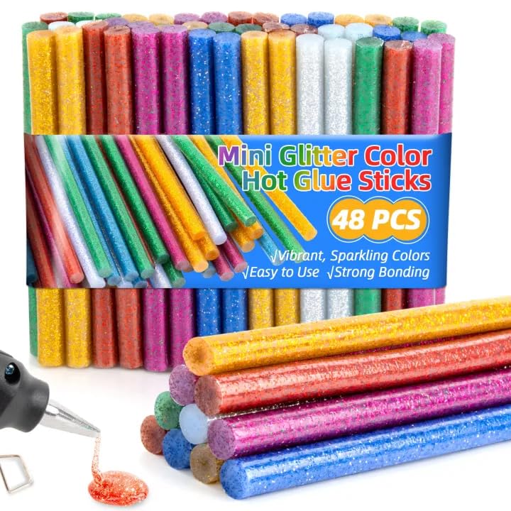 MAQIHAN mini glitter hot glue sticks, 48 colorful colored hot melt sticks for art and crafts
