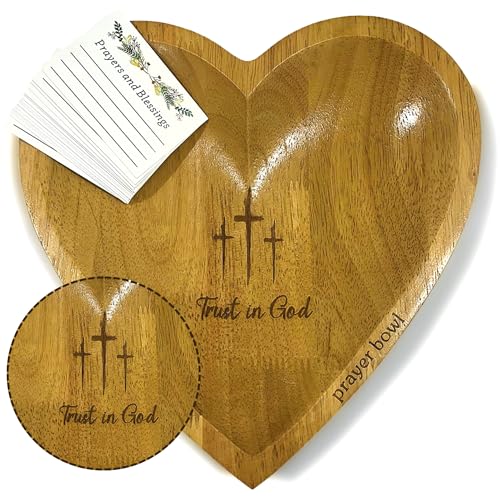 Prayer Bowl Wooden Trust In God - Christian Gifts for Mothers day, Wedding, Confirmation, Housewarming - Hostess Gift Ideas - Easter Prayer Room Decor - Heart Decorative Bowl 9" with 52 Scripture Card