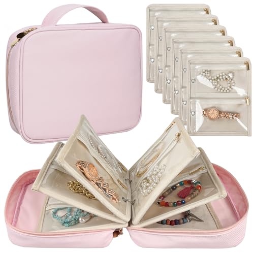 Travel Jewelry Organizer Case,Small Jewelry Bags for Traveling, Jewelry Binder with 24 Pcs Clear Zipper Velvet Pouches (Pink) Pink