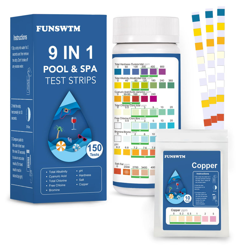 Pool Salt Test Strips 150 Counts - 9 in 1 Salt Water Pool Testing Kit Dectect Salt Copper Hardness pH Alkalinity Bromine Cyanuric Acid for for Pool Spa Hot Tub Saltwater Pool-140PCS+10 Copper Tests 9IN1