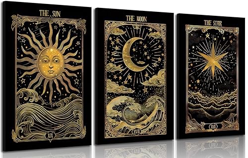 3Pcs Sun And Moon Celestial Canvas Wall Art Tarot Painting Picture Wall Decor astrology Poster Print Artwork for Bed Room Living Room Apartment Bath Room Study room Home Decoration Tarot Canvas 12L"x16W"Canvas