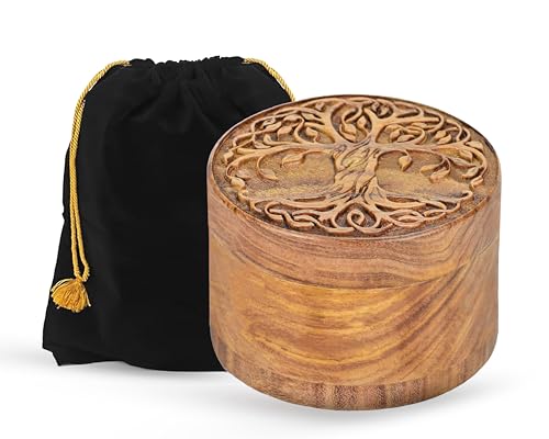 Small Wooden Urn for Human & Pet Ashes – Handcrafted Tree of Life Mini Memorial Keepsake – Decorative Round Cremation Urn for Dogs, Cats & Loved Ones Tree Design