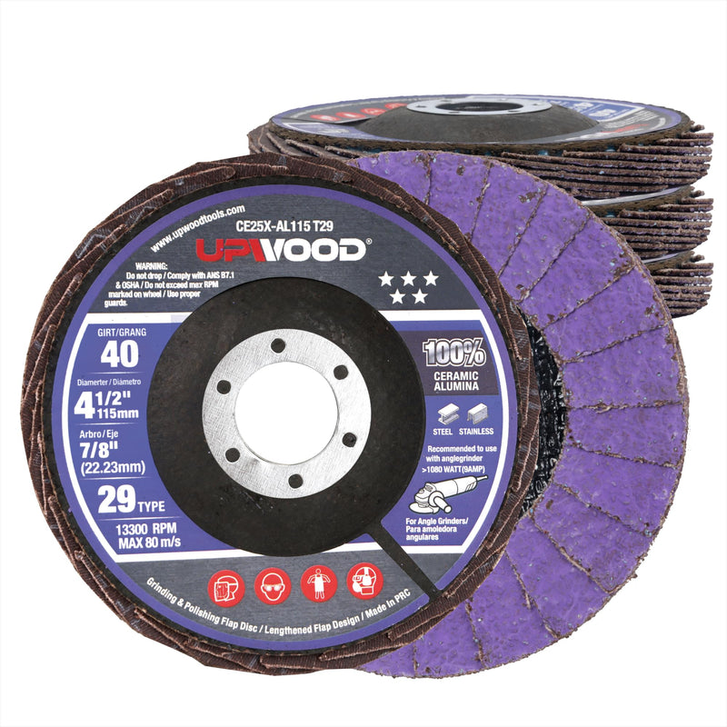 [Australia - AusPower] - 5-Pack 4.5" x 7/8" Ceramic Flap Disc, 40 Grit, Bevel Type #29, Premium Industrial Grade, High-Performance Angle Grinder Grinding Wheel for Edge Grinding - Purple 