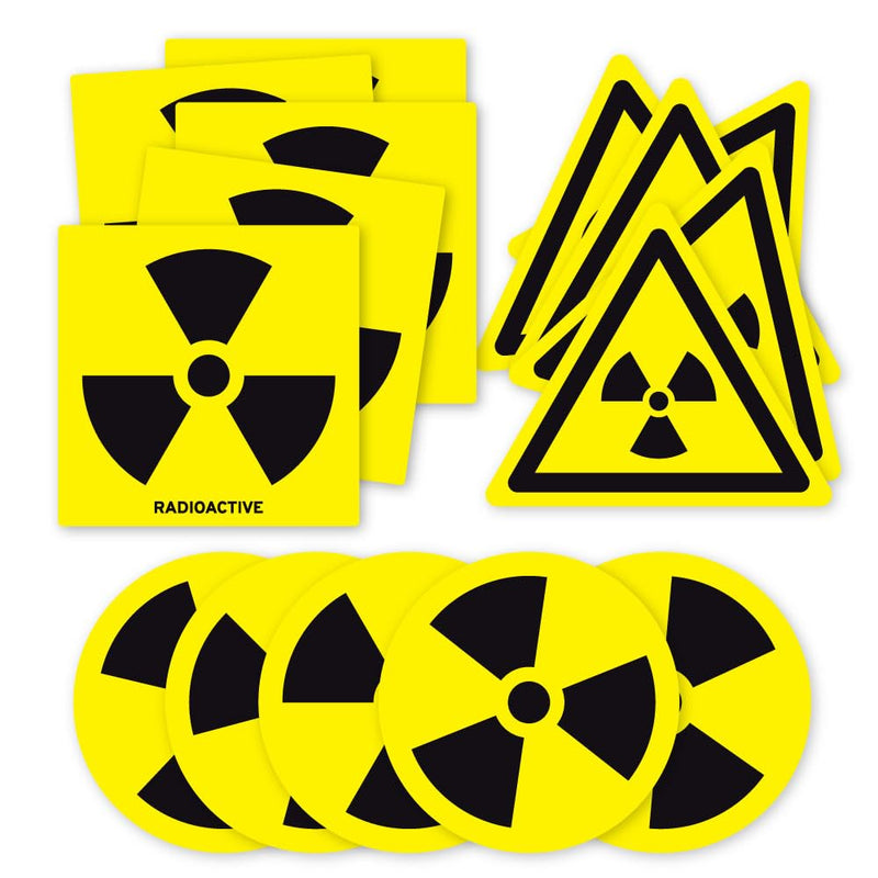 Radioactive Warning Labels and Signs Set, Yellow and Black, Multiple Shapes and Sizes