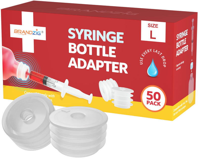 [Australia - AusPower] - Medicine Bottle Syringe Adapter For Oral Dispensers | Size Large, 50 Pack | Press In Bottle Adapter for Liquid Medication | Only Fits Brandzig 1ml, 3ml, 5ml & 10ml Syringes 