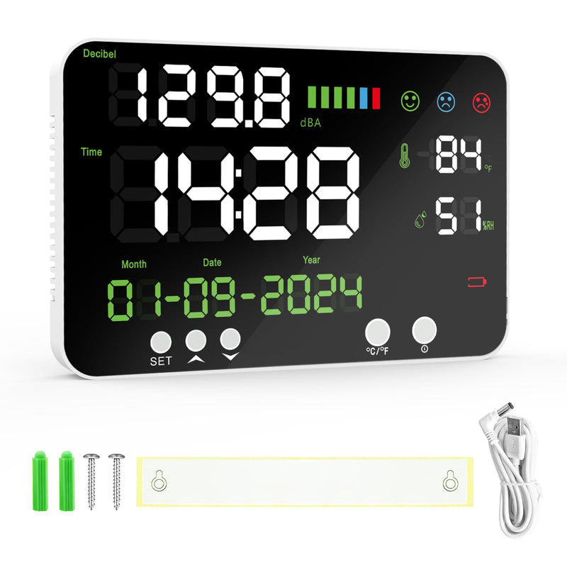 [Australia - AusPower] - Decibel Meter,6-in-1 Digital Sound Meter with 12’’LCD Screen,Range 30-130dB,Rechargeable Noise Meter with Time, Temperature and Humidity Display for Home, Studio, Library, and Factory 