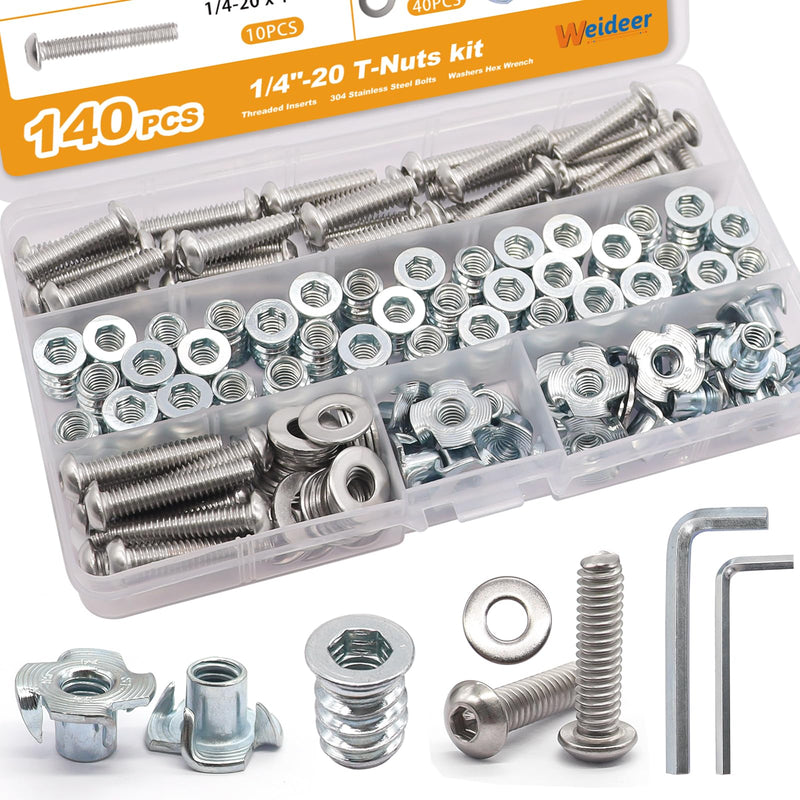 [Australia - AusPower] - weideer 140PCS 1/4"-20 T-Nuts,1/4"-20 Threaded Inserts for Wood,304 Stainless Steel Bolts,Button Head Hex Socket Bolts with Washers Hex Wrench 