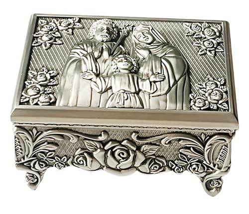 elegantmedical Large Vintage Style Religious Rosary Necklace Box Holy Family Pattern Relief, Antique Silver Finish, Jewelry Storage Case Catholic Gifts
