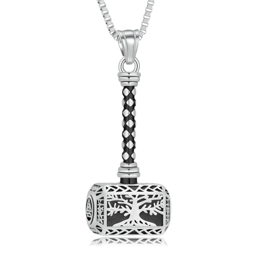 XSMZB Viking Thor Hammer Cremation Jewelry for Ashes Tree of Life Hammer Keepsake Ashes Necklace for Human Pet Funeral Memorial Pendant Silver