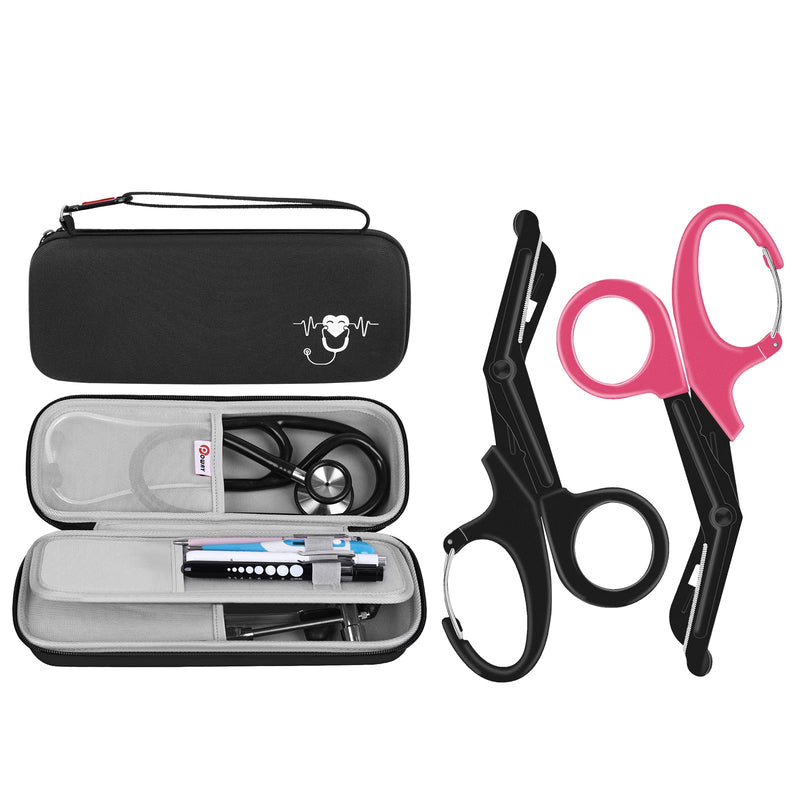 [Australia - AusPower] - Stethoscope Carrying Case Hard Stethoscope Case and 2 Pack Trauma Shears for Nurses Medical Scissors Nurses Scissors 7.5" Stainless Steel Bandage Scissors with Carabiner 