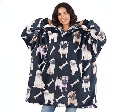 Huglanket Pug Gifts Wearable Blanket Hoodie, Oversized Wearing Blanket for Pug Lovers - Watercolor