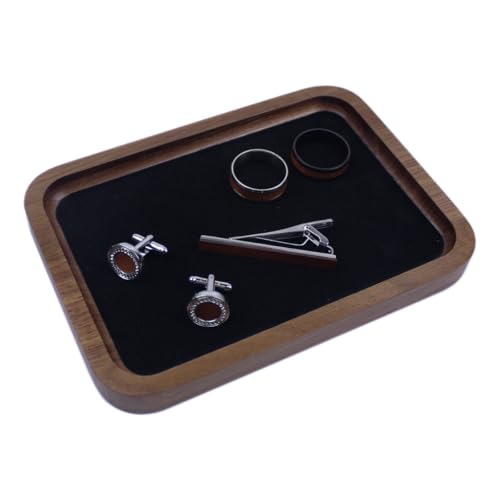 Walnut Wood Jewelry Valet Tray Velvet Lined Ring Watch Dish Holder 6.9" Black 4.7" x 6.7"