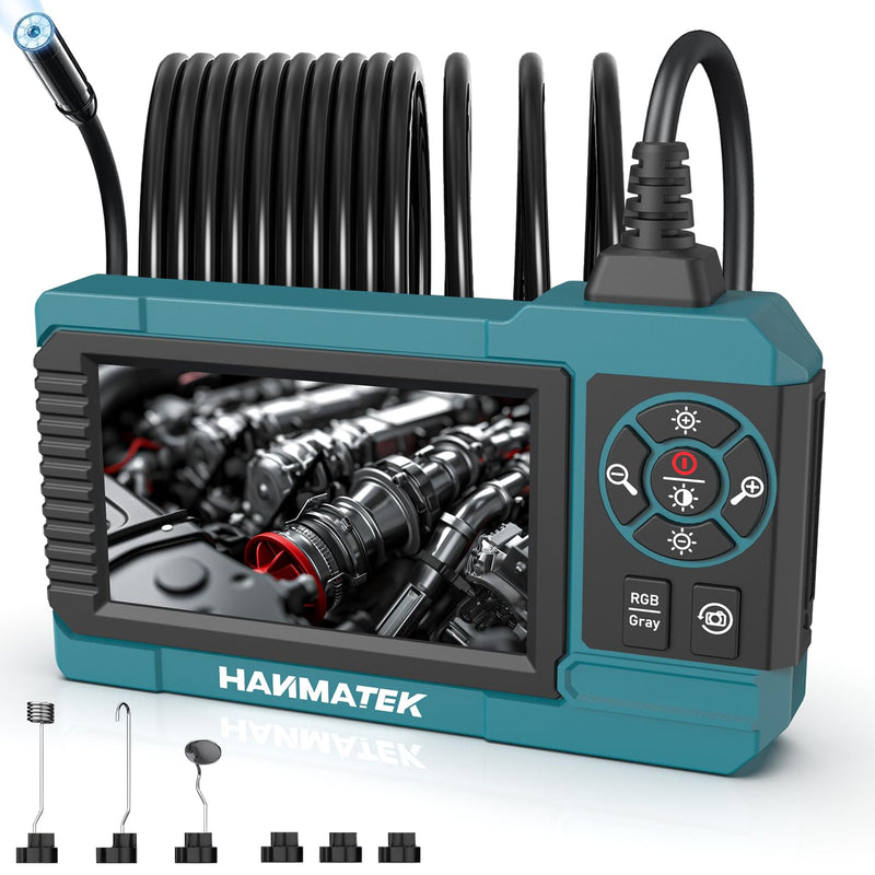 HANMATEK Industrial Endoscope, 4.3-Inch TFT Screen, 16.5ft Flexible Cable, IP67 Waterproof, 8mm Camera with Adjustable LED Lights, USB-C Charging, 4 Hours Battery Life, 180° Rotating Display IE01