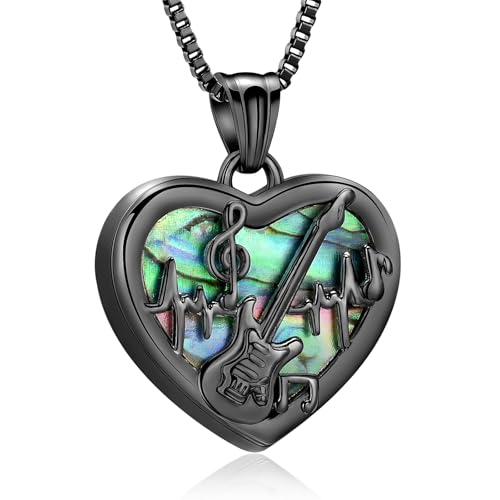 XSMZB Music Note Guitar Cremation Jewelry for Human Pet Abalone Shell Heart Urn Necklace for Ashes Stainless Steel Keepsake Pendant Black