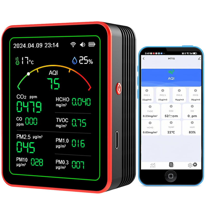 15-in-1 WiFi Indoor Air Quality Monitor with App, CO₂, TVOC, HCHO, PM2.5 and PM10 Monitor, Temperature and Humidity Display, Colour Display, Air Quality Alarm for Home and Office WiFi 15in1