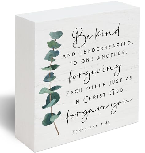 Bible Verse Wood Box Sign Rustic Motivational Bible Verse Ephesians 4 32 Wooden Sign for Home Office Living Room Church Bedroom bathroom Table Shelf Religious Gifts 5x5 -D17 White06