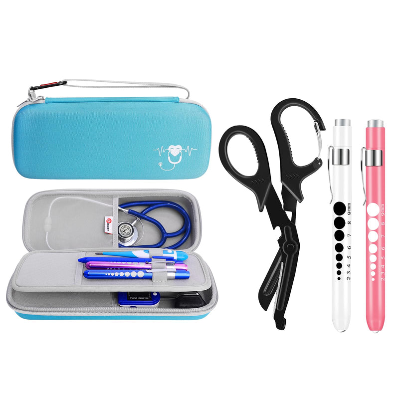 [Australia - AusPower] - Stethoscope Carrying Case Hard Stethoscope Case and Nurse Scissors and Pen Light Set Trauma Shears Pen Lights for Nurses Bandage Scissors with Carabiner LED Penlight with Pupil Gauge Stainless Steel 