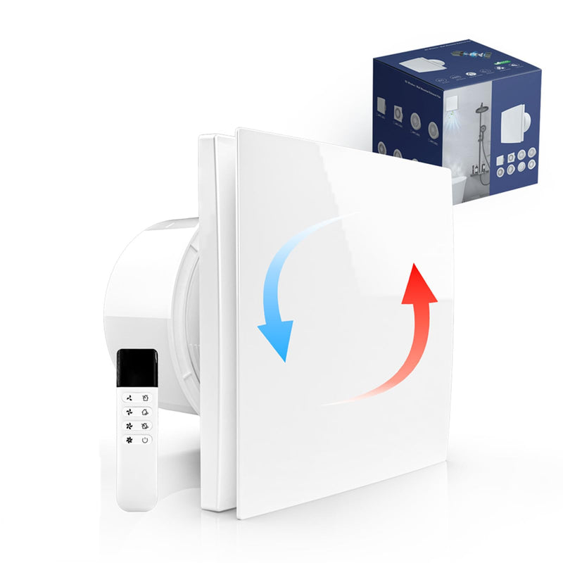 Bathroom Exhaust Fan 6 Inch Glass/Wall Mounted, Room Ventilation Fan Two-way Reversible EC Motor 10W,Air Vent Fan Remote Control with 70 Second Air Circulation,Four Speed Regulation, Low Noise,White APC15-J-6in